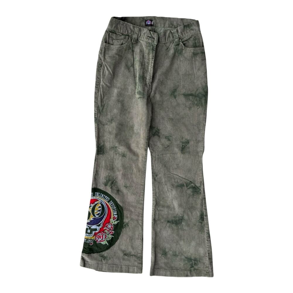 Grateful Dead Corduroy Pants Womens S Olive Green Tie Dye 50th Patch Hippie Boho - Picture 2 of 11